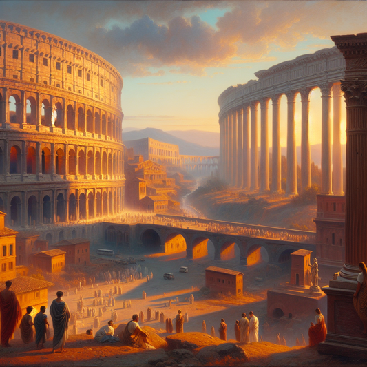 Panoramic sunset view of ancient Roman landmarks including the illuminated Colosseum, aqueduct arches stretching across the landscape, and Ionic-columned temples in classical Roman style.