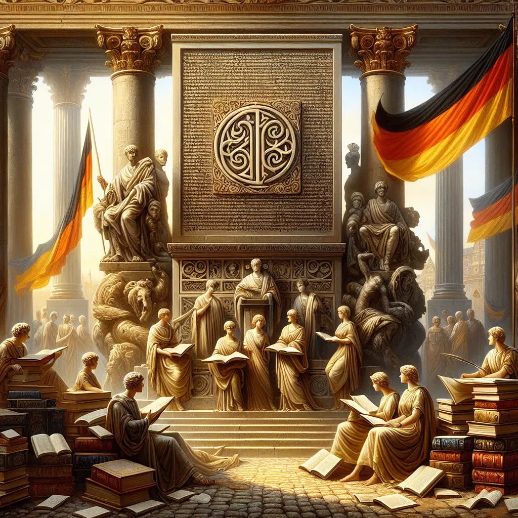 Artistic illustration of the word Person in bold German Fraktur script carved on an ancient stone tablet surrounded by symbols of German culture like books, a German flag, and historical motifs in a painterly 1960s Roman epic style.
