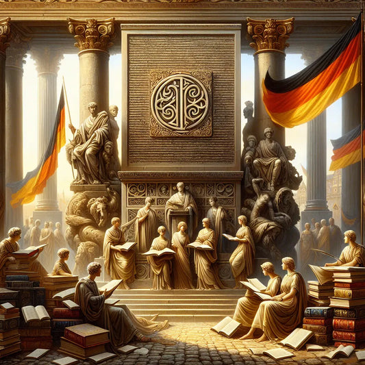 Artistic illustration of the word Person in bold German Fraktur script carved on an ancient stone tablet surrounded by symbols of German culture like books, a German flag, and historical motifs in a painterly 1960s Roman epic style.