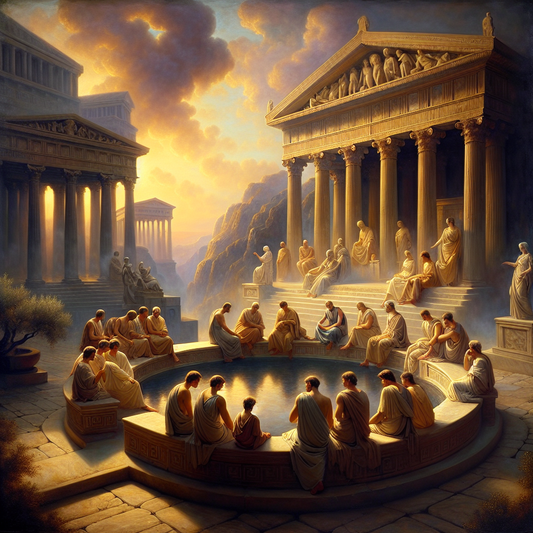 Ancient philosophers in dialogue, set in a Greek temple backdrop, 1960s epic style.