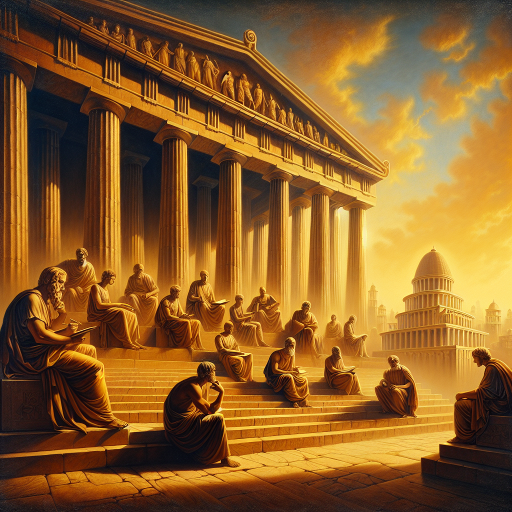 Ancient philosophers discussing Stoic wisdom under the shadow of the Parthenon, inspired by 1960s historical epics.