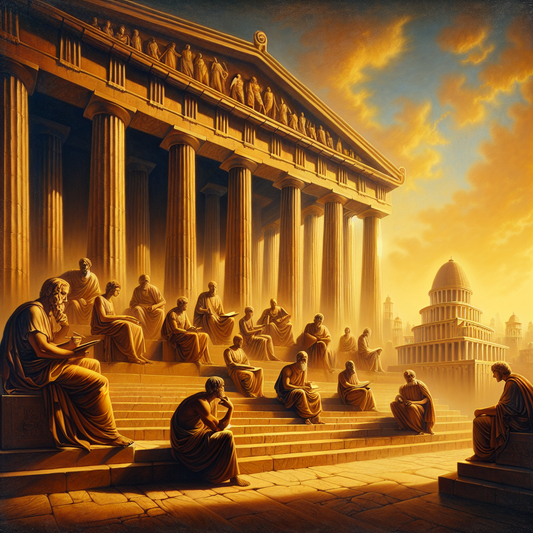 Ancient philosophers discussing Stoic wisdom under the shadow of the Parthenon, inspired by 1960s historical epics.