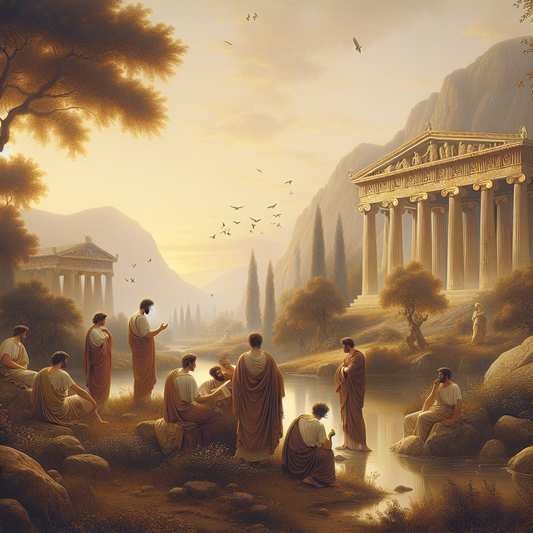 Greek philosophers by a river in an ancient Athenian landscape, depicted in a 1960s historical epic style.