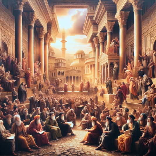 Ancient Tarsus filled with philosophers in vibrant discussions depicting a cultural and intellectual scene inspired by 1960s historical films.