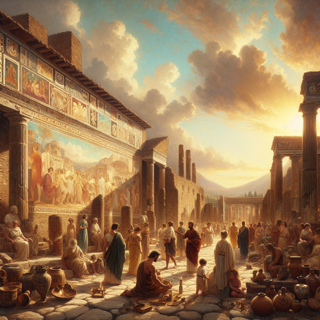 Panoramic view of Pompeii ruins with vibrant Roman frescoes and mosaics, bathed in soft golden sunlight, featuring Roman citizens examining artifacts, evoking a 1960s historical epic film style.