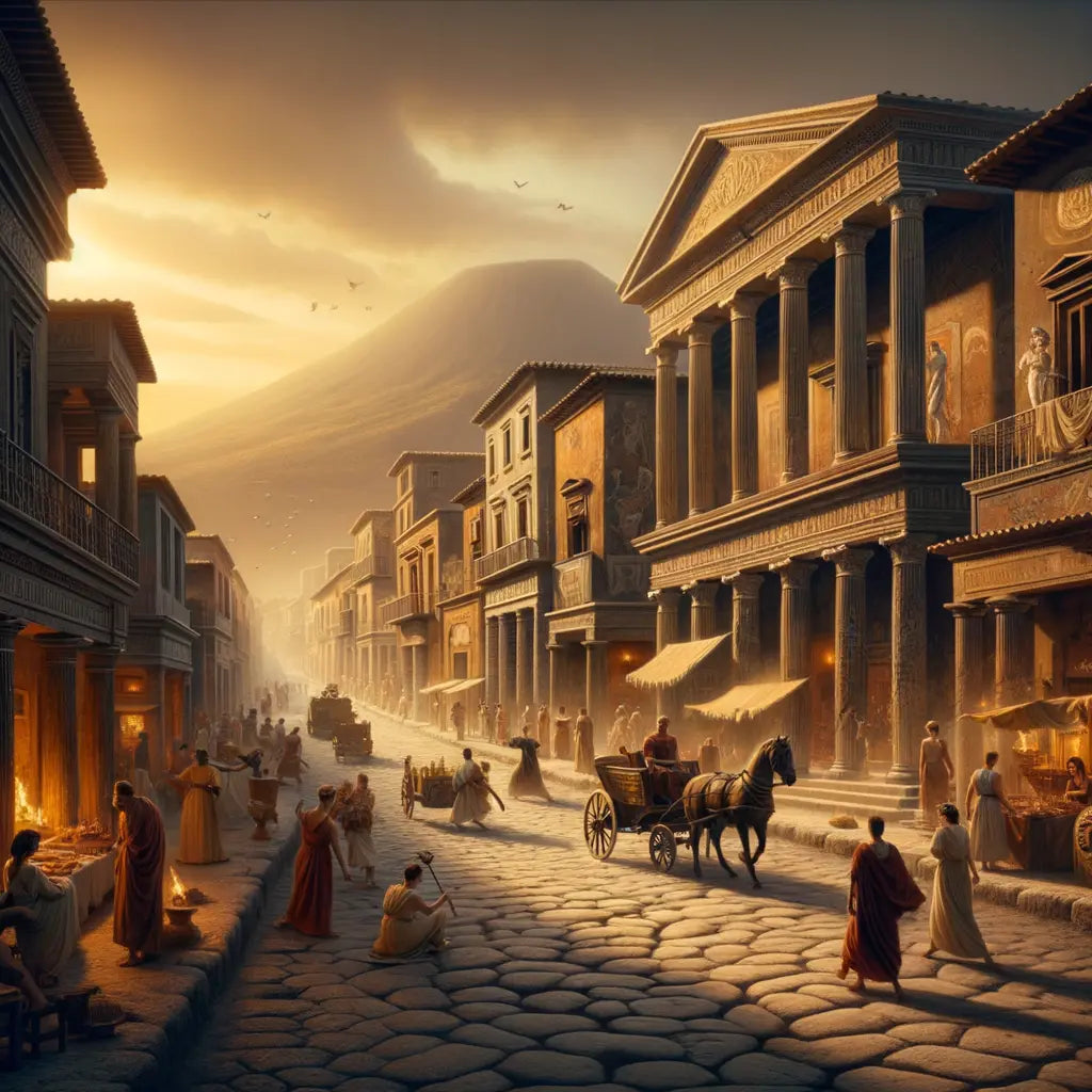 Bustling Roman street in Pompeii, with chariots, vendors, and volcanic ash before Mount Vesuvius eruption, in a 1960s historical film style.