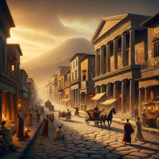 Bustling Roman street in Pompeii, with chariots, vendors, and volcanic ash before Mount Vesuvius eruption, in a 1960s historical film style.