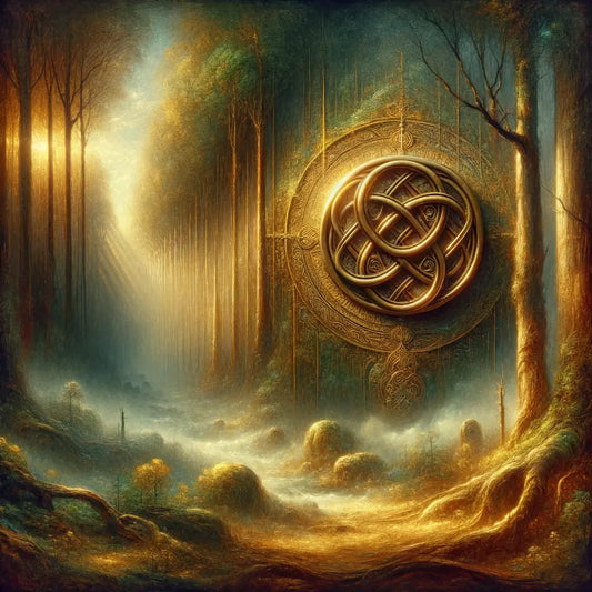 Intricate Celtic Knot jewelry set against a mystical, mist-covered forest backdrop in a cinematic 1960s epic style.