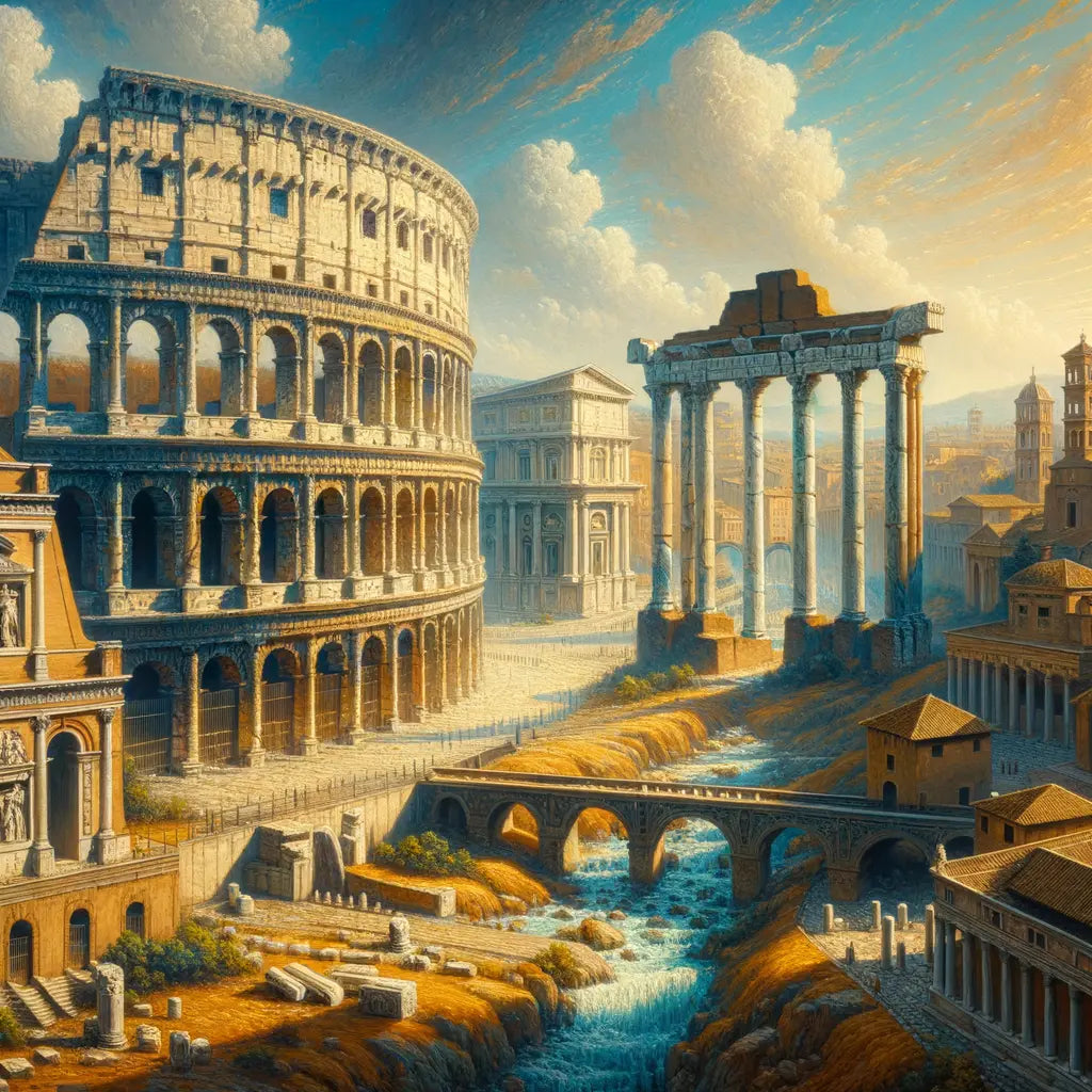 Dramatic painting of ancient Rome showcasing the Colosseum, aqueducts, and temples, under a clear blue sky, in the style of 1960s historical films.