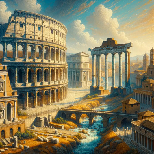 Dramatic painting of ancient Rome showcasing the Colosseum, aqueducts, and temples, under a clear blue sky, in the style of 1960s historical films.