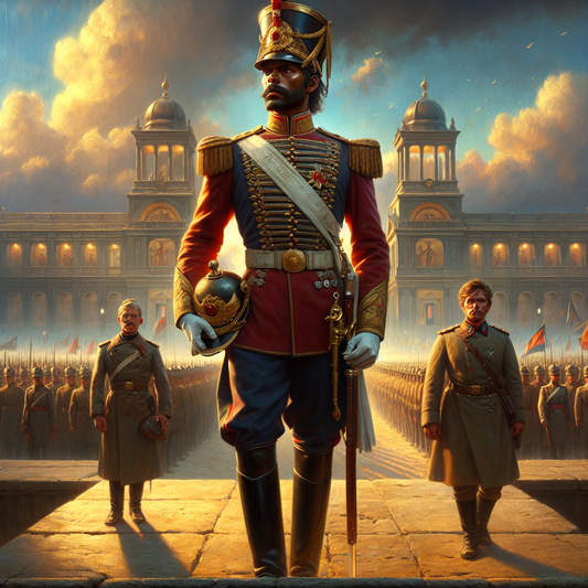 A proud 19th-century Prussian soldier in a Pickelhaube helmet and full uniform standing in formation under bright sunlight, symbolizing military tradition and honor, painted in a realistic, cinematic style.