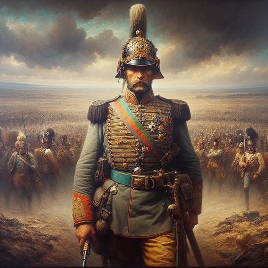 A 19th-century Prussian soldier wearing a Pickelhaube helmet with a pointed spike stands heroically on a muted battlefield, painted in a cinematic style inspired by 1960s historical epics.