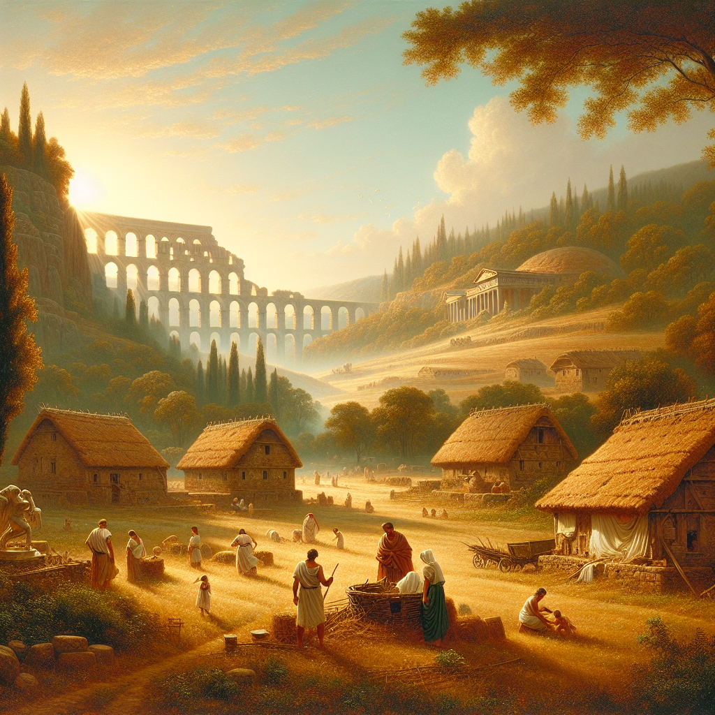 A radiant sunlit traditional Roman provincial village in a peaceful morning, with villagers in tunics performing daily restful activities under a clear blue sky, inspired by 1960s Roman epic film style.