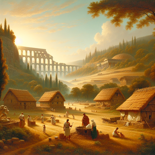 A radiant sunlit traditional Roman provincial village in a peaceful morning, with villagers in tunics performing daily restful activities under a clear blue sky, inspired by 1960s Roman epic film style.