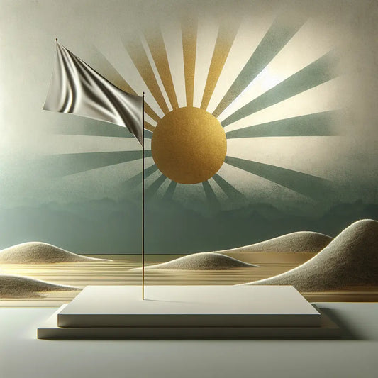 A radiant sunburst flag with golden rays softly waving against a clear, pale sky over a muted Irish landscape, presented in a minimalist, serene Japanese-inspired style.