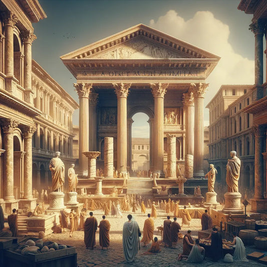 A panoramic view of an ancient Roman forum with towering Ionic columns and intricate sculptures, reflecting Roman art and architecture's blend of utility and elegance, inspired by 1960s historical epics.