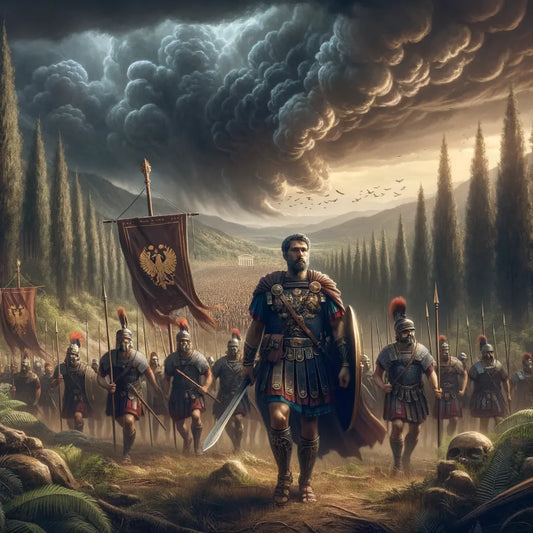 Julius Caesar in Gaul with Roman soldiers preparing for battle.