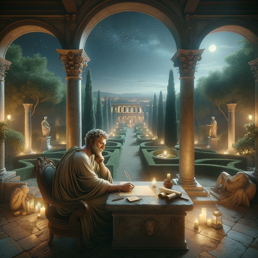 Marcus Aurelius writing under the stars in a serene Roman garden, inspired by 1960s historical epic films.