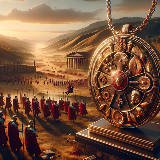 Modern jewelry design with Roman motifs, set against a battlefield inspired by Julius Caesar's Gallic Wars.