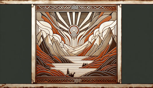 Relief einer stilisierten Lichtquelle symbolisch fuer nordischen Gott Baldur auf hellem stein mit roten und grauen linien