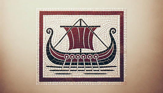 Stilisiertes Wikingerschiff als steinernes Relief in rotem Ziegelrot auf hellem steinernen Hintergrund