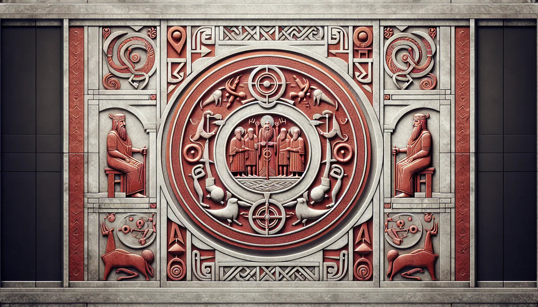 Steinrelief mit symbolischen Motiv aus goetterrat der nordischen Mythologie in roemischer Farbgebung