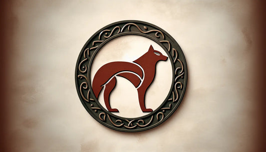 Norse wolf symbol in dark brick red on light stone background with mythical sky pattern in muted earth tones