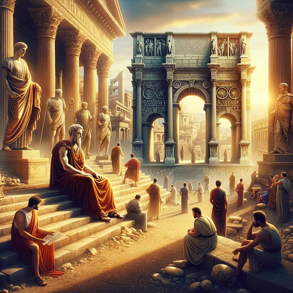 Marcus Aurelius in a thoughtful pose with ancient Roman structures blending into a modern city skyline, in a style reminiscent of 1960s historical epics.