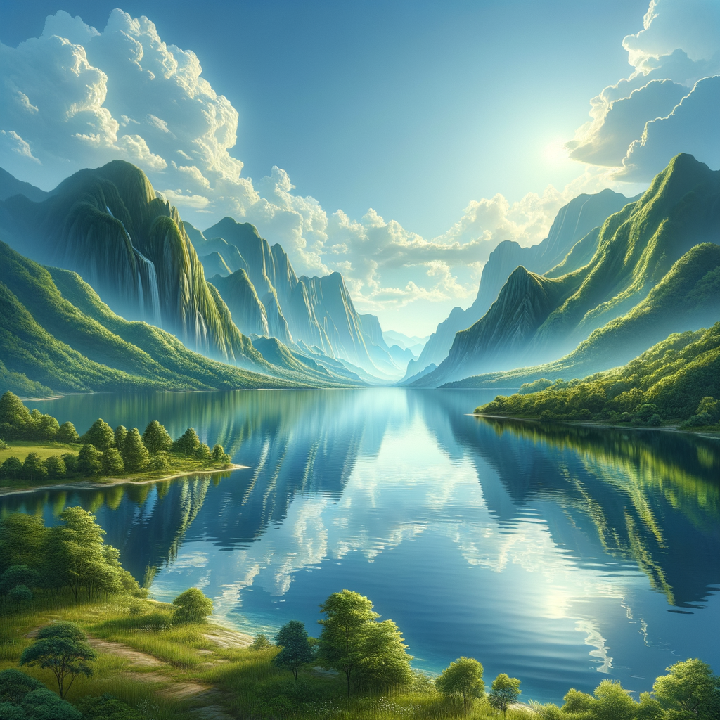 A peaceful lake reflecting the vibrant colors of the mountains and sky, symbolizing tranquility and nature.
