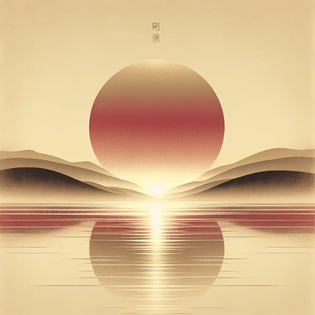 Minimalist Japanese style rising sun at dawn with soft golden and red rays over a serene, misty landscape symbolizing hope and new beginnings.