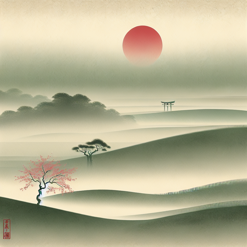 Minimalist Japanese scene with a soft red rising sun over a misty landscape featuring a torii gate and cherry blossom, serene and culturally inspired.