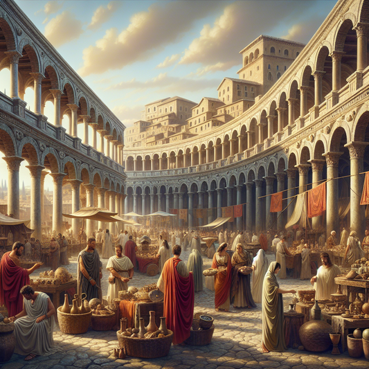 Ancient Roman marketplace bustling with merchants and shoppers under multi-level stone arcades bathed in warm golden sunlight, evoking the vibrant energy of Trajan's Market in Rome.