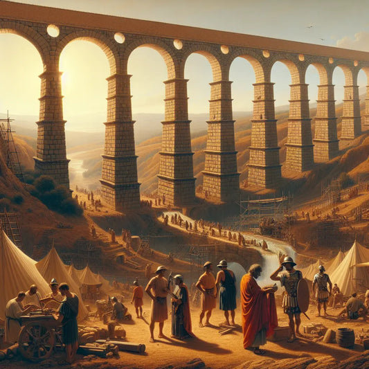 Roman engineer overseeing the construction of an aqueduct in Hispania with workers and soldiers in a warm, cinematic historical painting style.