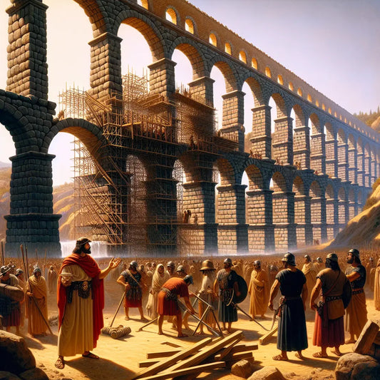Roman engineer overseeing the construction of an aqueduct in ancient Hispania, surrounded by builders and soldiers in a warm, sunlit landscape inspired by 1960s Roman epic films.