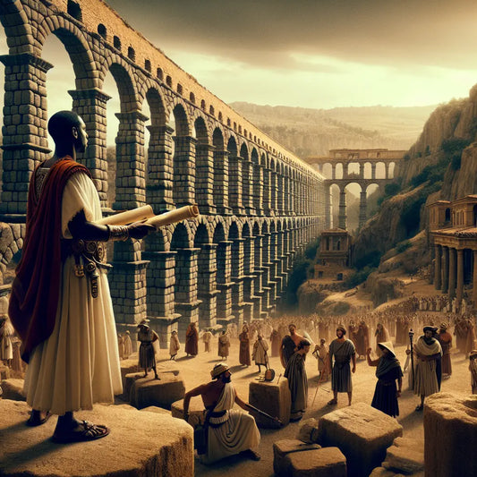 Roman engineers and legionaries overseeing the construction of a majestic aqueduct in ancient Hispania, depicted in a cinematic 1960s historical epic painting style.