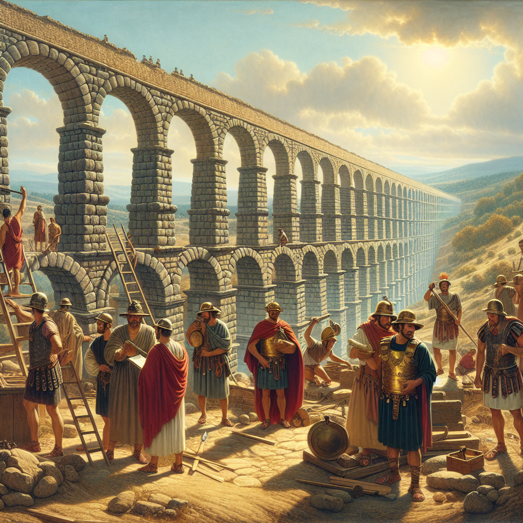Roman engineers and legionaries at a Roman aqueduct construction site in Hispania, depicted in a cinematic 1960s historical epic painting style.