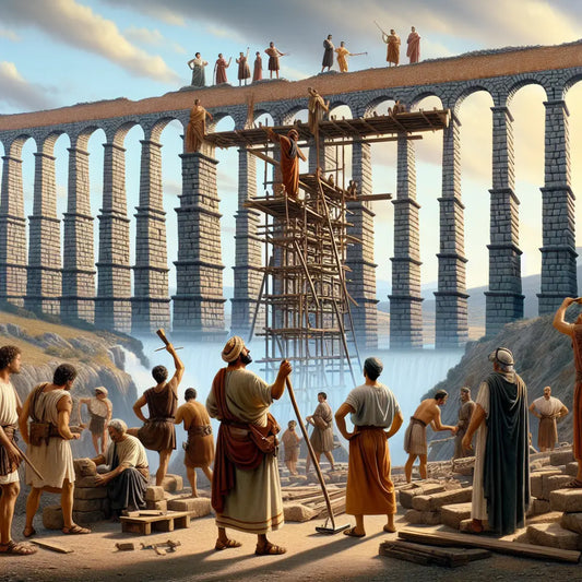 Roman engineers directing the construction of an aqueduct in Hispania under a bright sky, captured in a cinematic 1960s historical epic painting style.