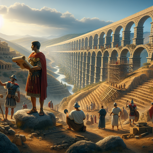 Roman engineers and legionaries overseeing the construction of a stone aqueduct on terraced hills in ancient Hispania, captured in the painterly style of a 1960s Roman epic film.