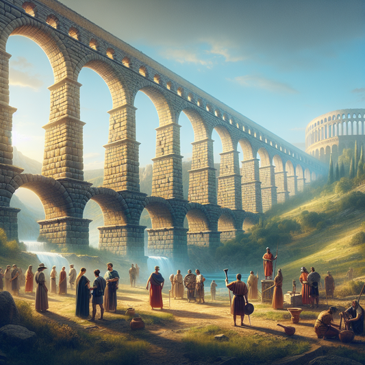 A majestic Roman aqueduct with soaring arches spanning a lush valley, illuminated by warm daylight, featuring engineers and laborers in ancient Roman attire, styled as a cinematic 1960s historical epic painting.