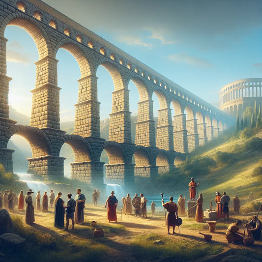 A majestic Roman aqueduct with soaring arches spanning a lush valley, illuminated by warm daylight, featuring engineers and laborers in ancient Roman attire, styled as a cinematic 1960s historical epic painting.