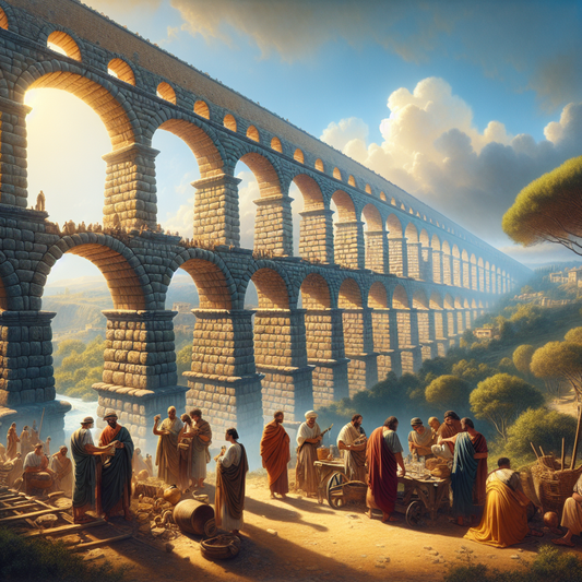 Ancient Roman aqueduct with multiple arches spanning a lush green landscape under a bright blue sky, with Roman engineers nearby, painted in a warm, cinematic 1960s epic style.