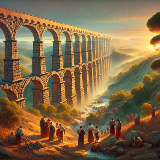 A Roman aqueduct with ancient stone arches stretching across a green valley at sunrise, bathed in warm golden sunlight, in the style of a classic 1960s historical epic painting.