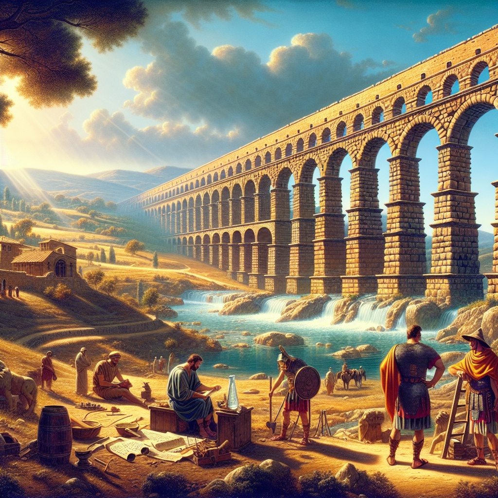 Ancient Roman aqueduct with tall arches spanning a river valley under a clear blue sky, showcasing Roman engineering and grandeur in a cinematic 1960s epic style.