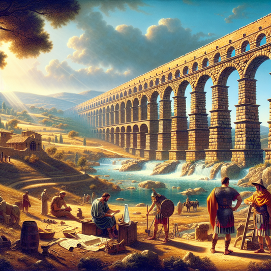 Ancient Roman aqueduct with tall arches spanning a river valley under a clear blue sky, showcasing Roman engineering and grandeur in a cinematic 1960s epic style.