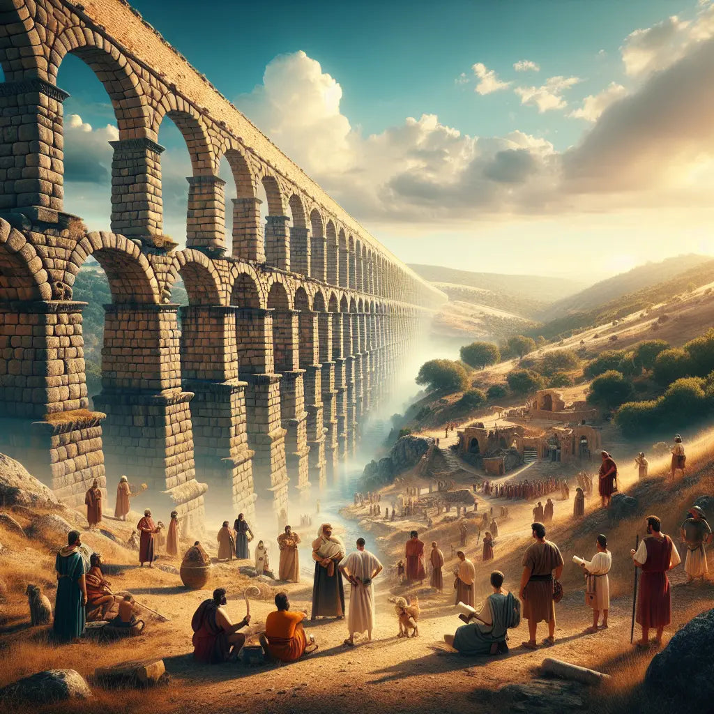 Panoramic view of ancient Roman aqueducts with majestic stone arches stretching over hills and valleys under a bright blue sky, shown in a cinematic historical painting style.