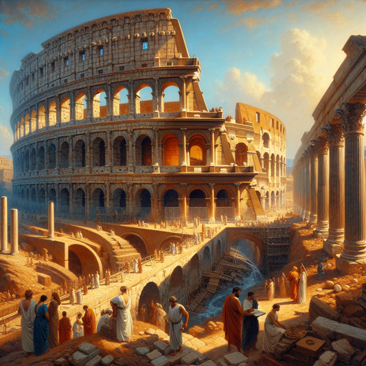Panoramic view of the Roman Colosseum, aqueducts with repeating arches, and classical columns under a bright sky, evoking Roman engineering and historical grandeur in a 1960s epic film painting style.