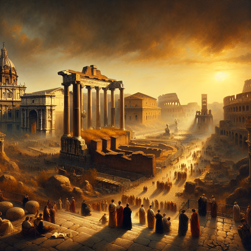 Panoramic view of ancient Roman architecture at sunset, featuring the Colosseum and Roman Forum under a warm golden sky, in the style of a 1960s historical epic painting.