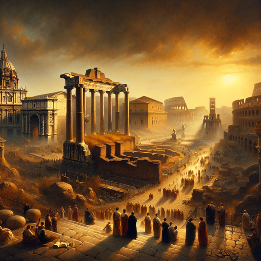 Panoramic view of ancient Roman architecture at sunset, featuring the Colosseum and Roman Forum under a warm golden sky, in the style of a 1960s historical epic painting.