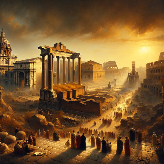 Panoramic view of ancient Roman architecture at sunset, featuring the Colosseum and Roman Forum under a warm golden sky, in the style of a 1960s historical epic painting.