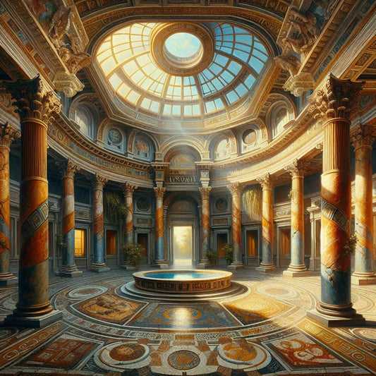 Sunlit ancient Roman atrium with an open roof, central water basin, classical columns, and detailed mosaics, depicted in a warm cinematic painting style.